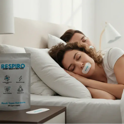 Women sleeping with Respiro Mouth tape applied and the Respiro Tape Package next to her