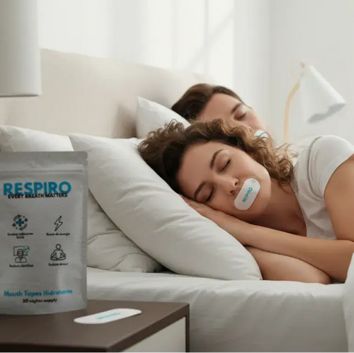 Women sleeping with Respiro Mouth tape applied and the Respiro Tape Package next to her