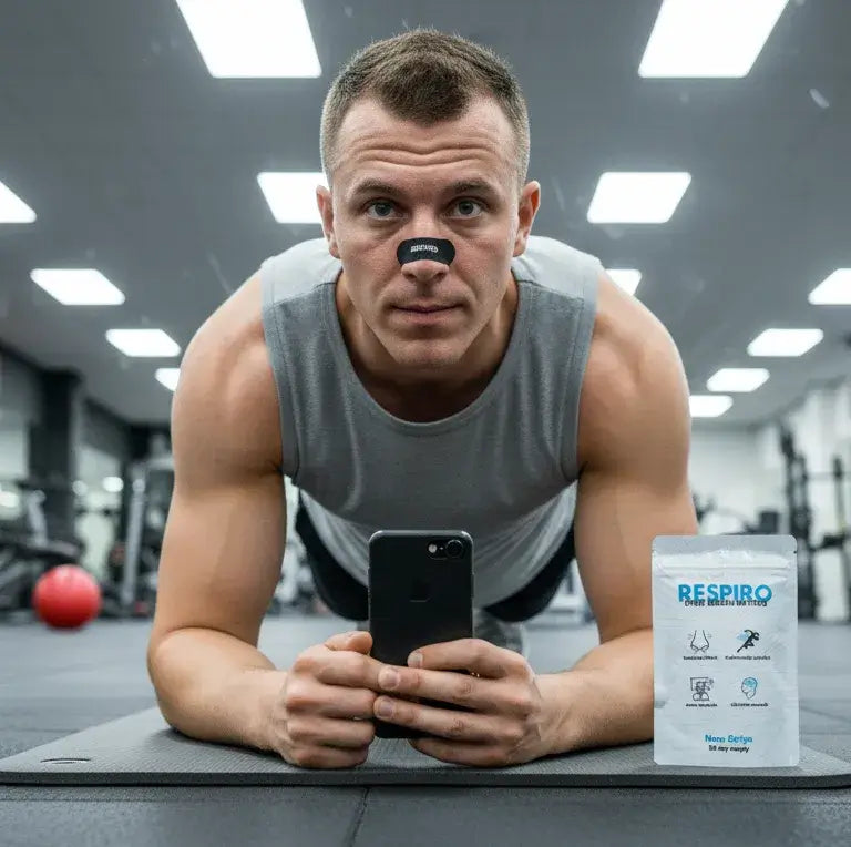 Man wearing the respiro nose strip and doing plank exercise at the gym
