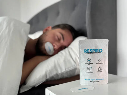 Man sleeping with Respiro hydrating mouth tape applied