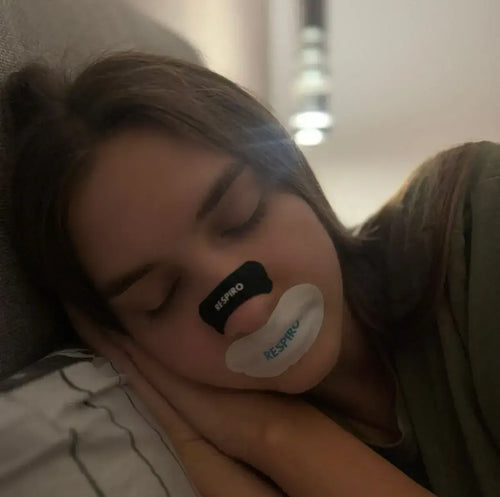 Women sleeping with Respiro Nose strip and hydrating mouth tape applied