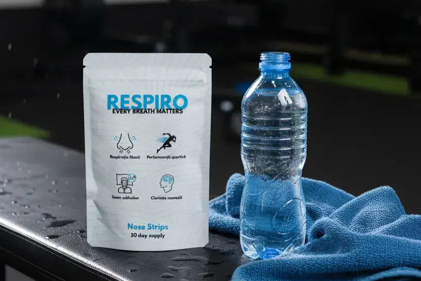 Respiro nose strips package next to a bottle and a towel on a gym bench