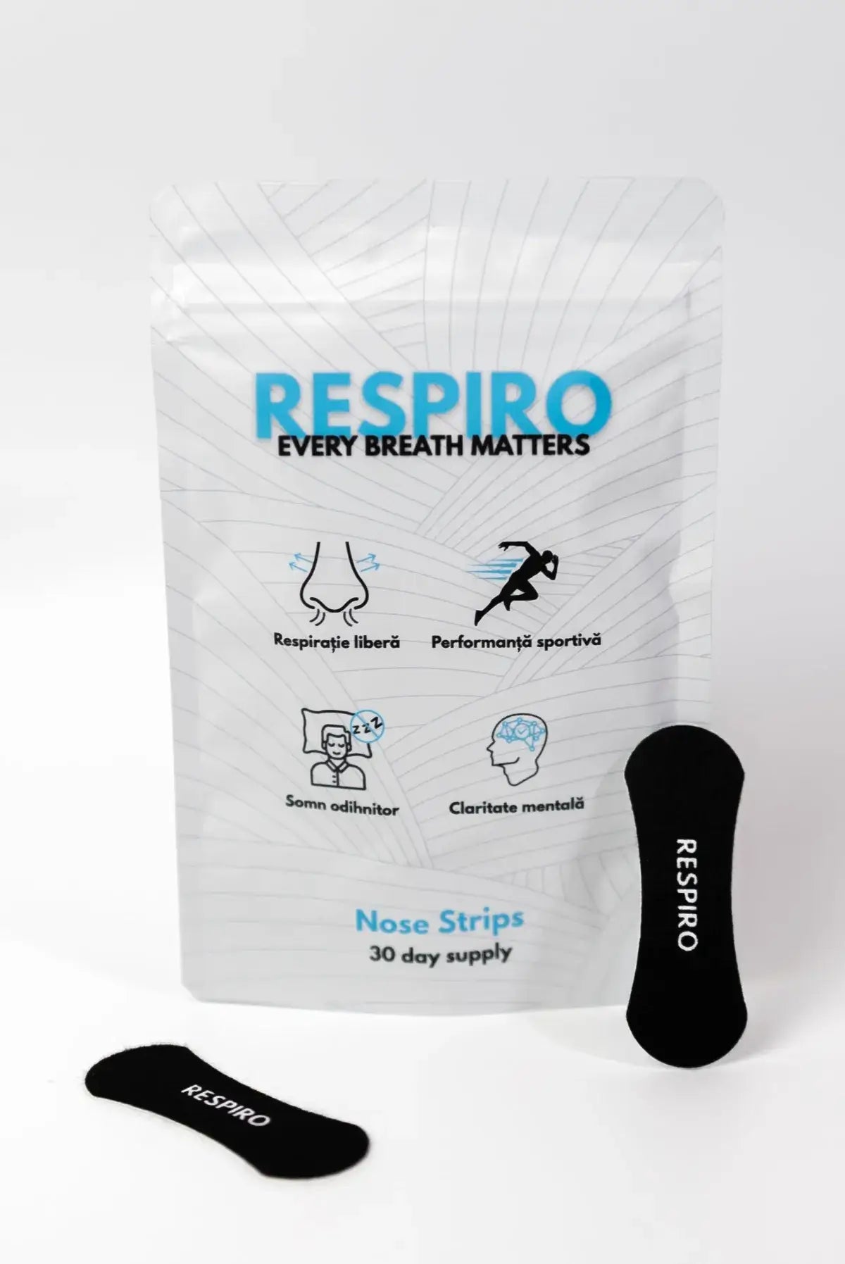 Respiro Nose Strips package next to the actual products