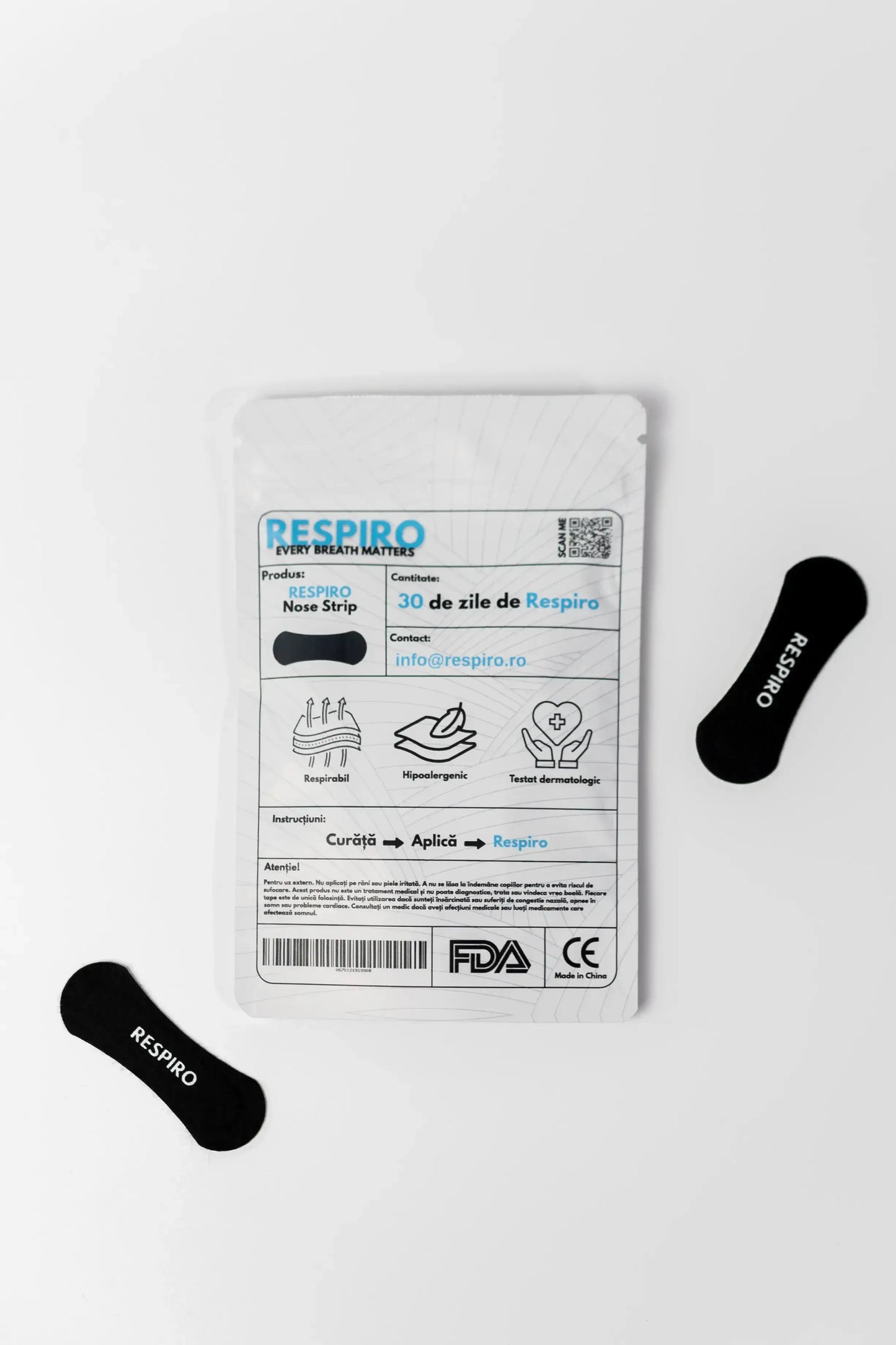 Respiro Nose Strips back of package next to the actual products