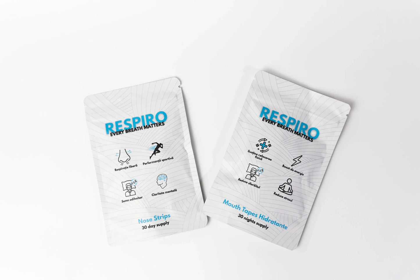 Respiro front of the packages for the nose strips and hydrating mouth tapes layed down