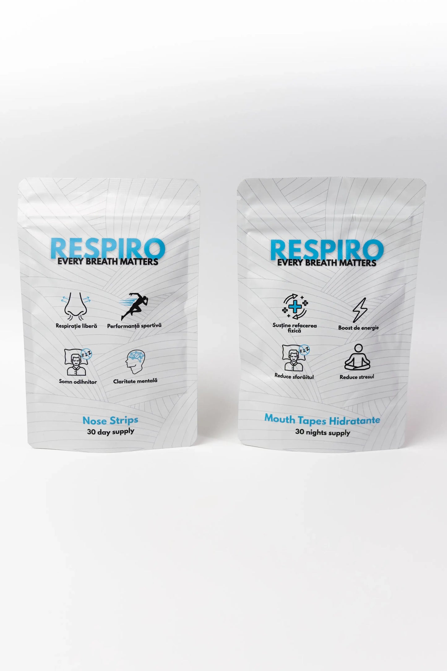 Respiro front of the packages for the nose strips and hydrating mouth tapes