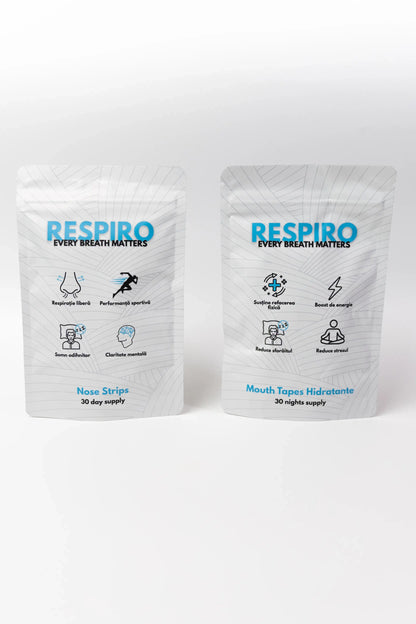 Respiro front of the packages for the nose strips and hydrating mouth tapes