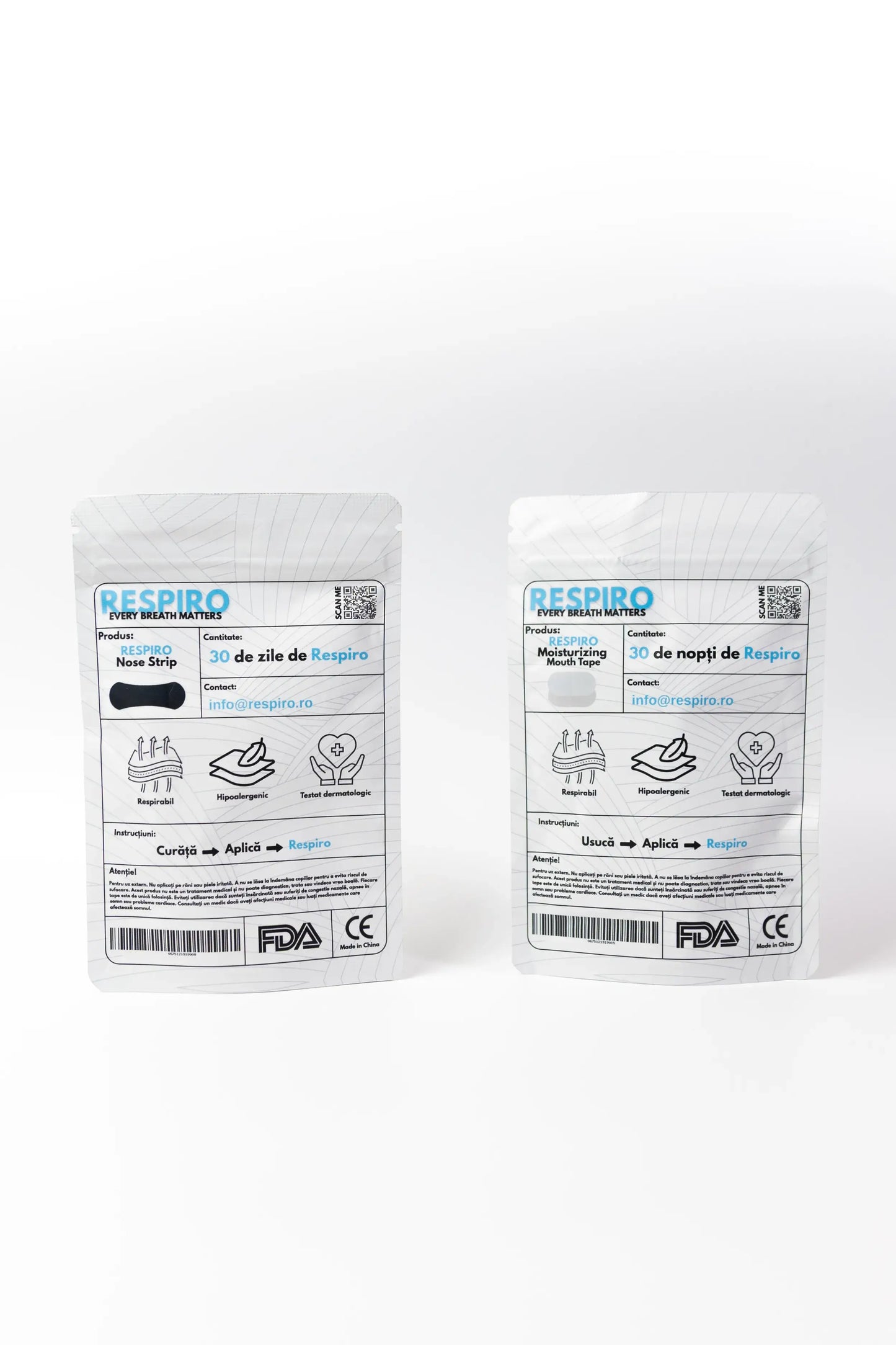 The back of the packages of the respiro nose strips and hydrating mouth tapes packages