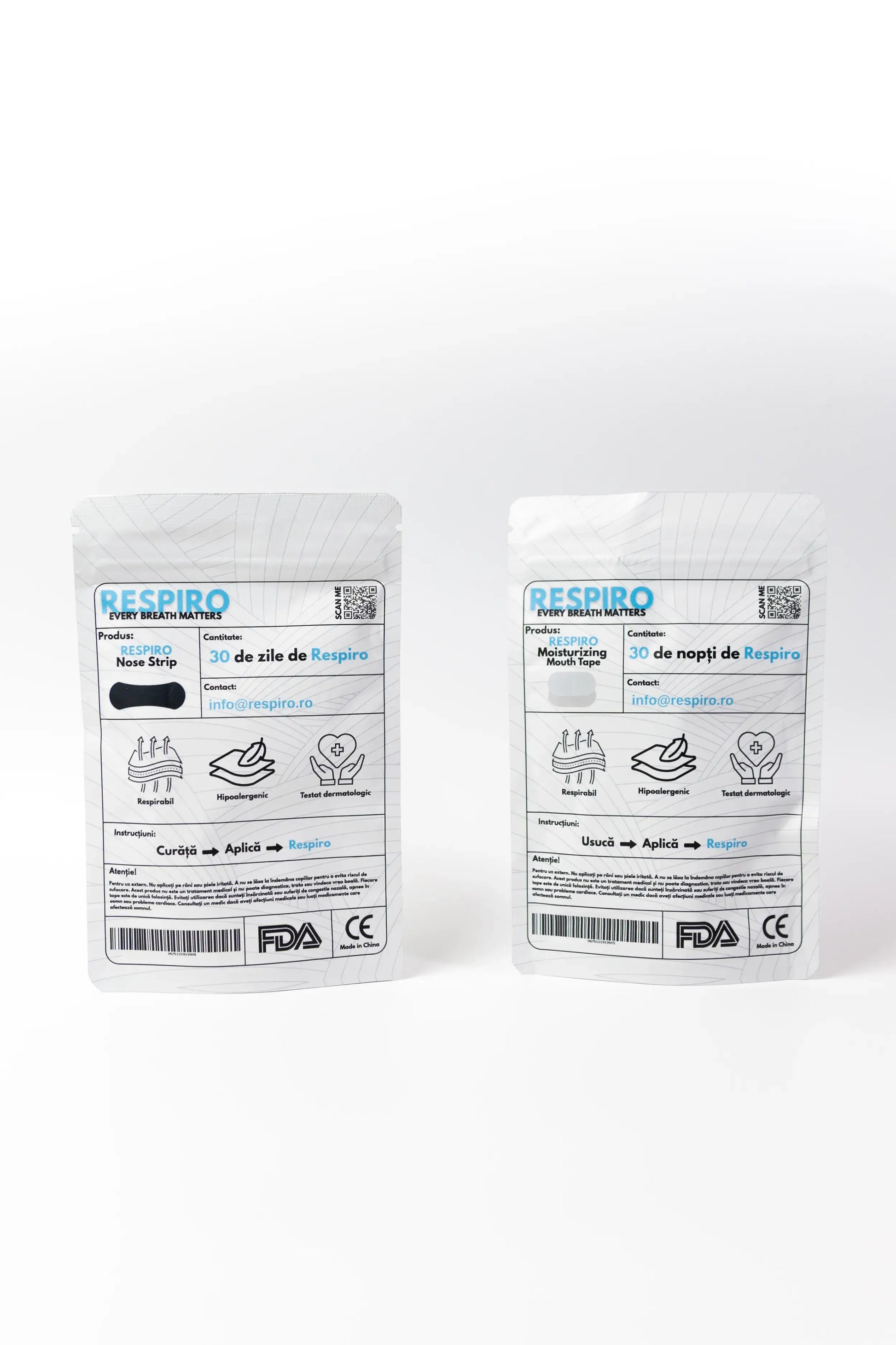 The back of the packages of the respiro nose strips and hydrating mouth tapes packages