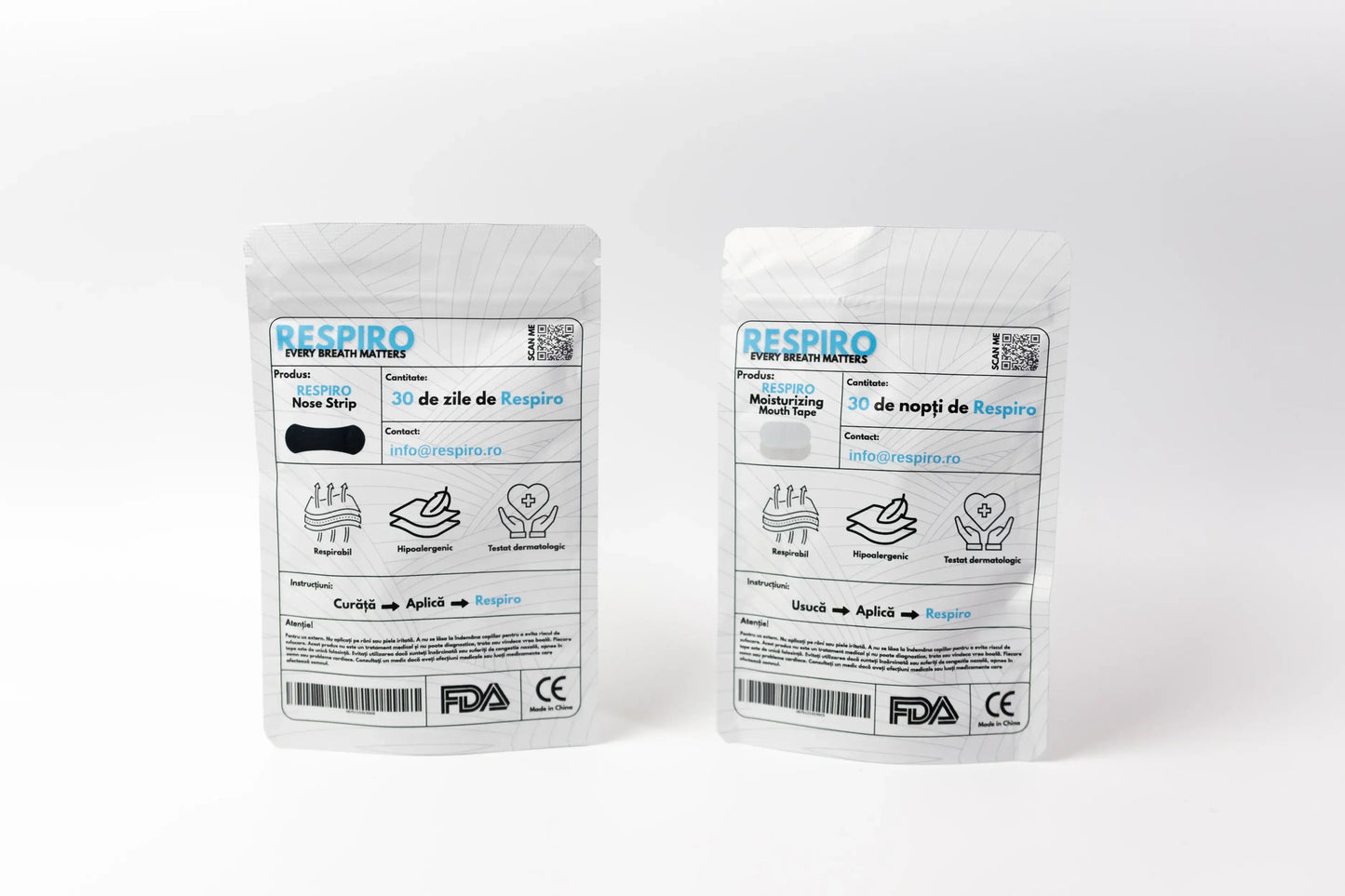 The back of the packages of the respiro nose strips and hydrating mouth tapes packages